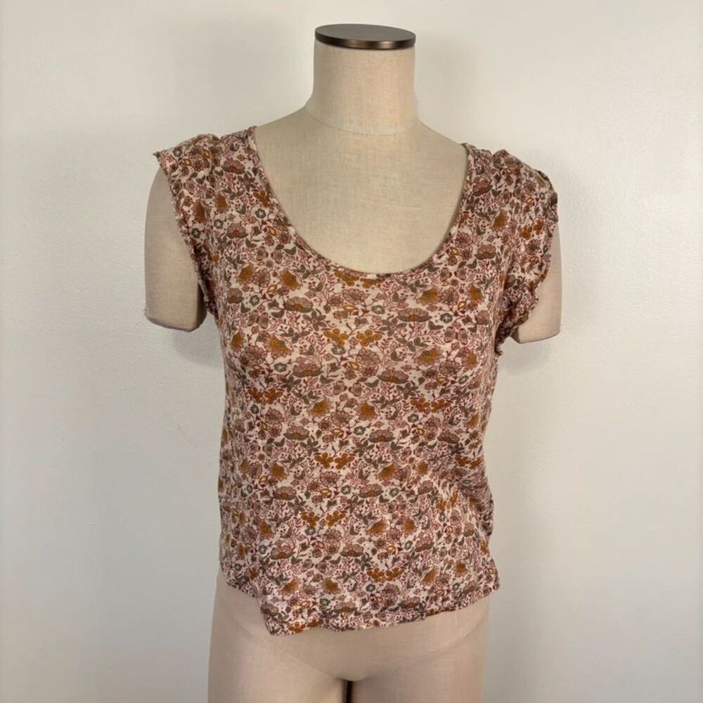 Rachel Zoe Women's Small S Top Blouse Linen Floral Cottagecore Ruffle Cap Sleeve